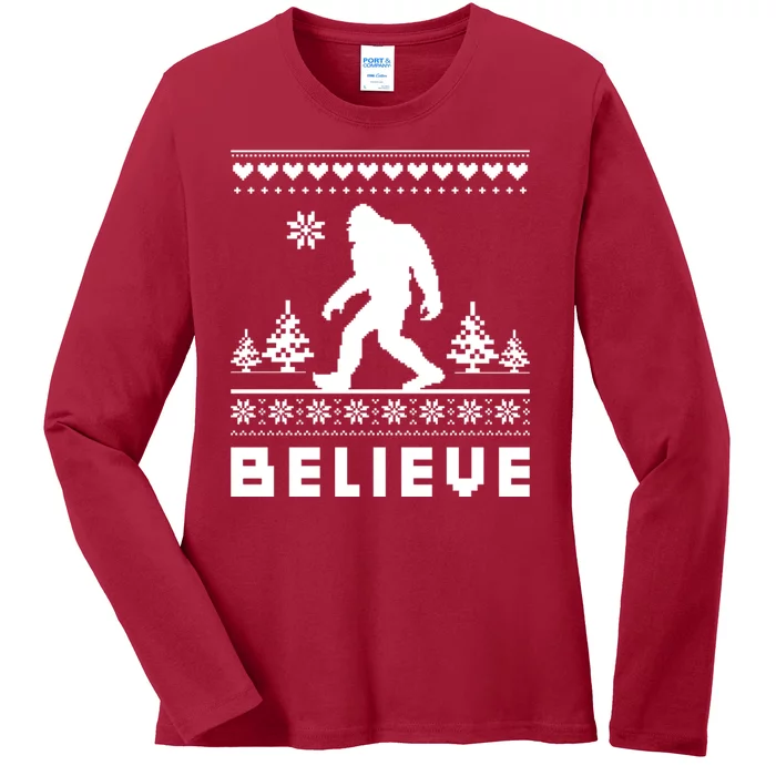 Bigfoot Believe Ugly Christmas Sweater Sasquatch Ladies Long Sleeve Shirt