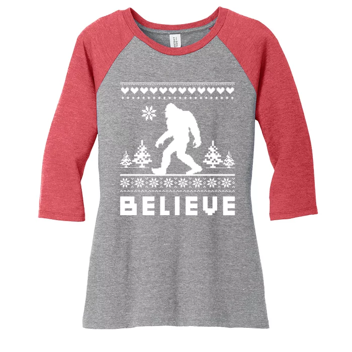 Bigfoot Believe Ugly Christmas Sweater Sasquatch Women's Tri-Blend 3/4-Sleeve Raglan Shirt