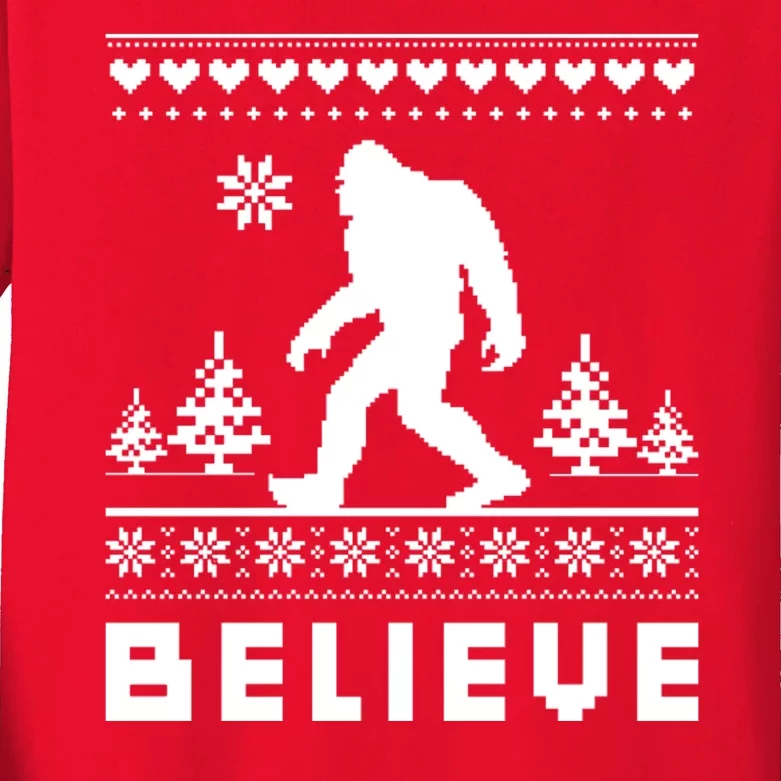 Bigfoot Believe Ugly Christmas Sweater Sasquatch Kids Long Sleeve Shirt