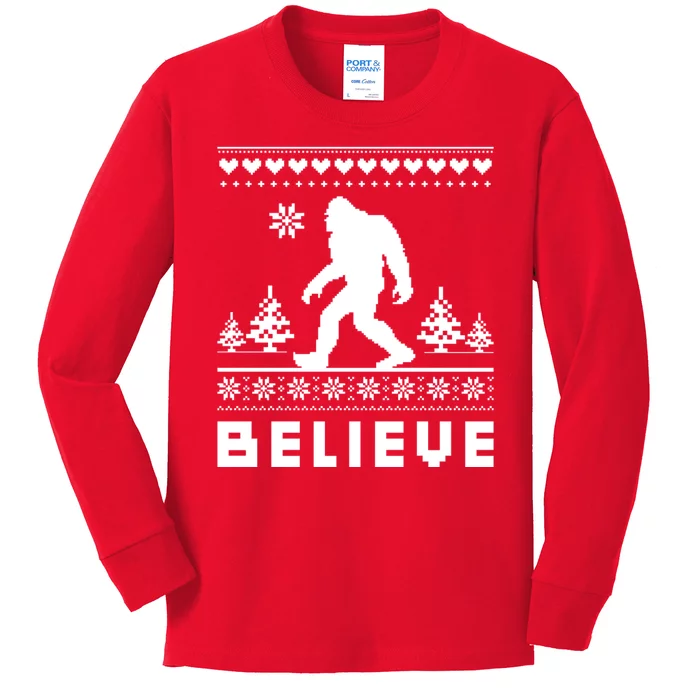 Bigfoot Believe Ugly Christmas Sweater Sasquatch Kids Long Sleeve Shirt