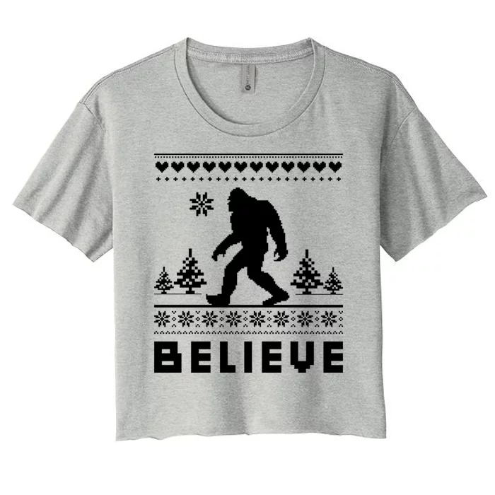 Bigfoot Believe Ugly Christmas Sweater Sasquatch Women's Crop Top Tee