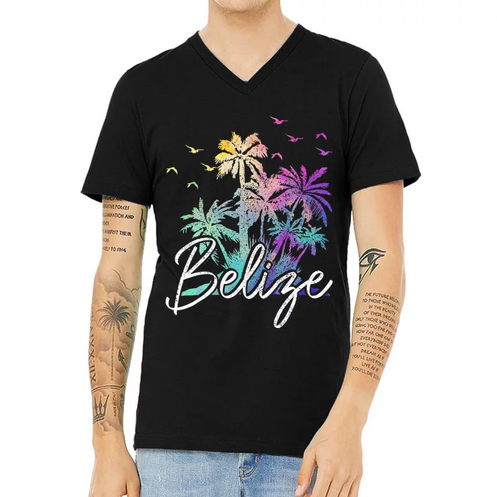 Belize Beach Vintage Palm Trees Vacation V-Neck T-Shirt