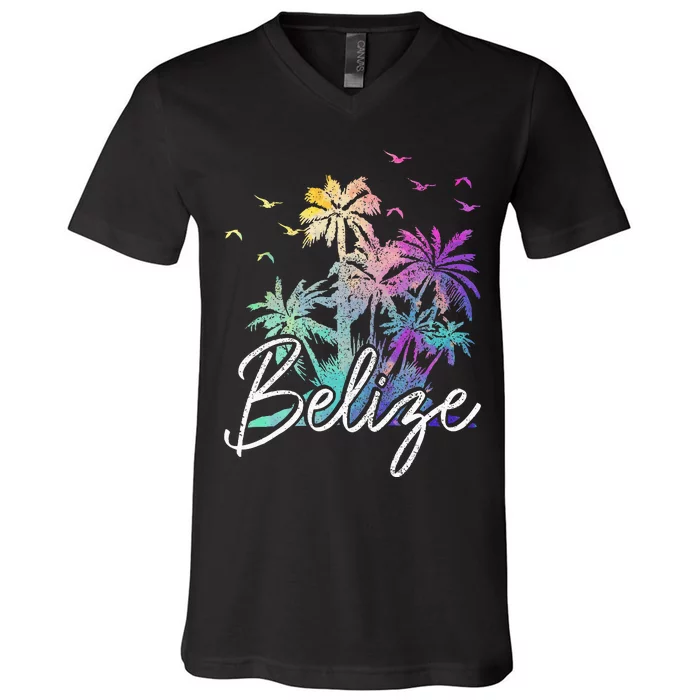 Belize Beach Vintage Palm Trees Vacation V-Neck T-Shirt