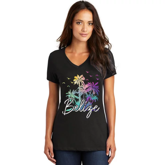 Belize Beach Vintage Palm Trees Vacation Women's V-Neck T-Shirt