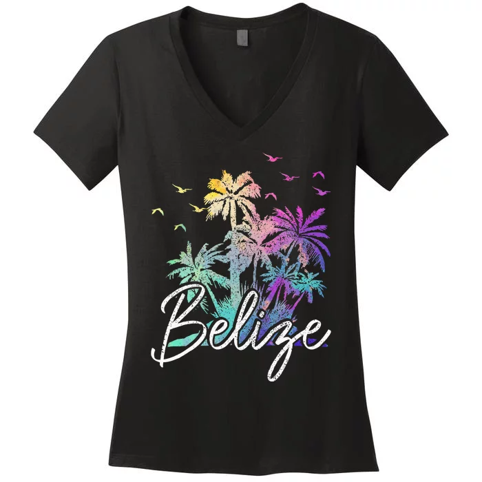 Belize Beach Vintage Palm Trees Vacation Women's V-Neck T-Shirt