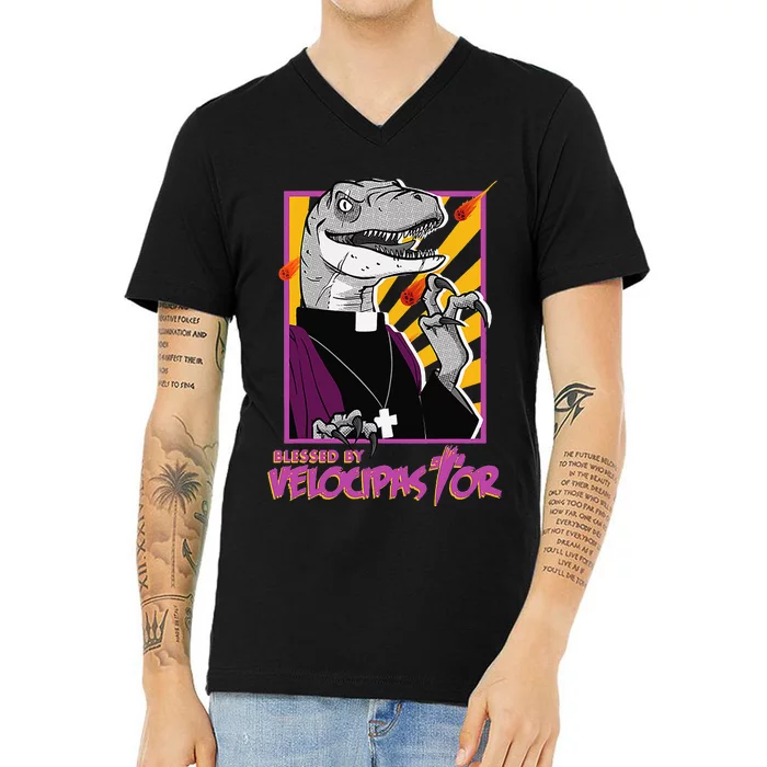 Bless By Velocipastor Cool Dinosaur Parish Priest V-Neck T-Shirt