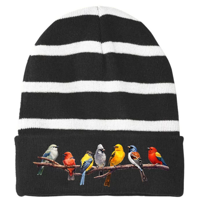 Backyard Bird Watching Watcher Birder Songbirds On A Branch Striped Beanie with Solid Band