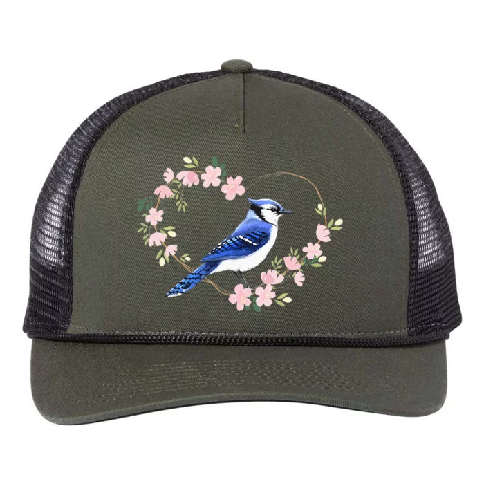 Bird Bird Watching Bird Watcher Birder Blue Jay Flower Heart Retro Rope Trucker Hat Cap