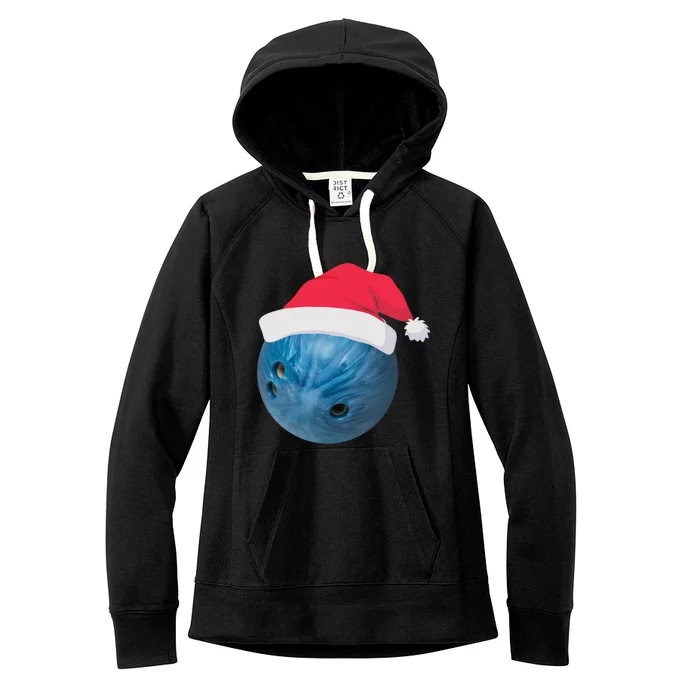 Bowling Ball With Christmas Hat Christmas Bowling Funny Gift Women's Fleece Hoodie