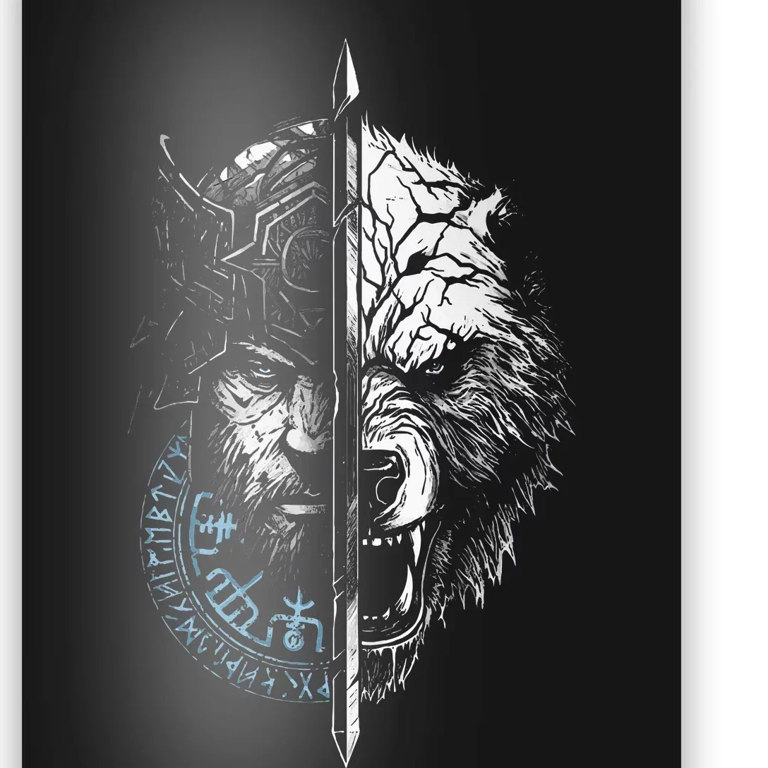 Berserker Bear Warrior Odin Runes Nordic Compass Poster