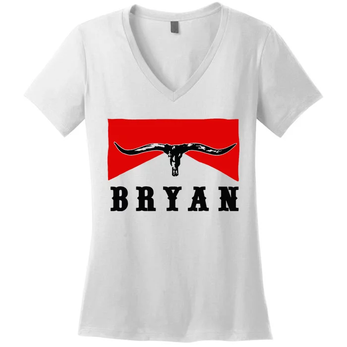 Bryan Bullhead Western Cowboy Cow Skull Women's V-Neck T-Shirt