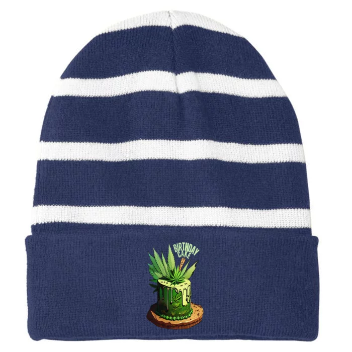 Birthday Cake 420 Cannabis Culture Stoner Weed Strain Striped Beanie with Solid Band