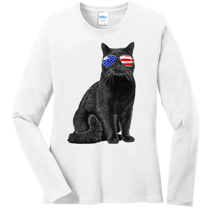 Black Cat 4th Of July Meowica American Flag Gifts Ladies Long Sleeve Shirt