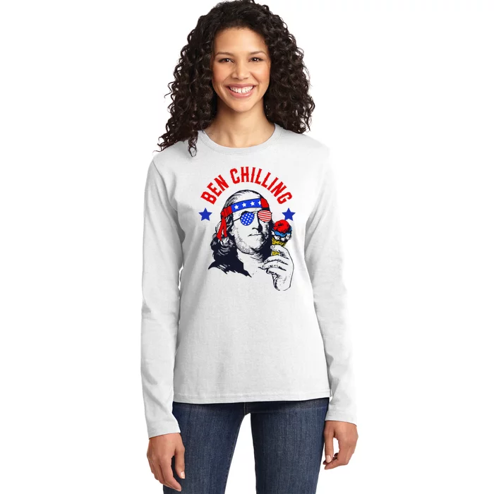 Ben Chilling 4th Of July Ben Franklin Ice Cream Meme US Flag Ladies Long Sleeve Shirt