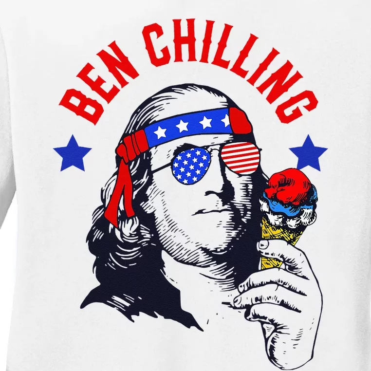 Ben Chilling 4th Of July Ben Franklin Ice Cream Meme US Flag Ladies Long Sleeve Shirt