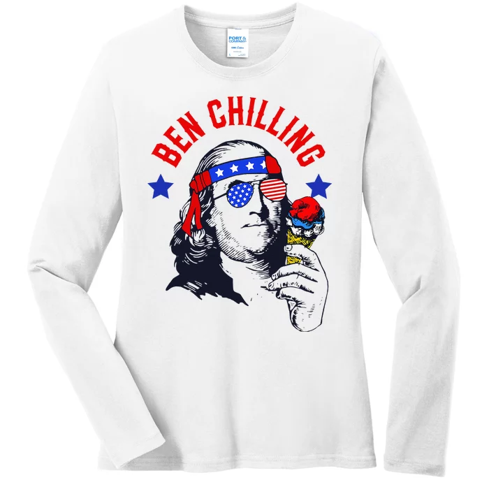 Ben Chilling 4th Of July Ben Franklin Ice Cream Meme US Flag Ladies Long Sleeve Shirt