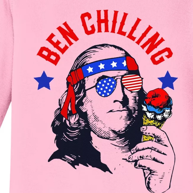 Ben Chilling 4th of July Ben Franklin Ice Cream Meme US Flag Baby Long Sleeve Bodysuit