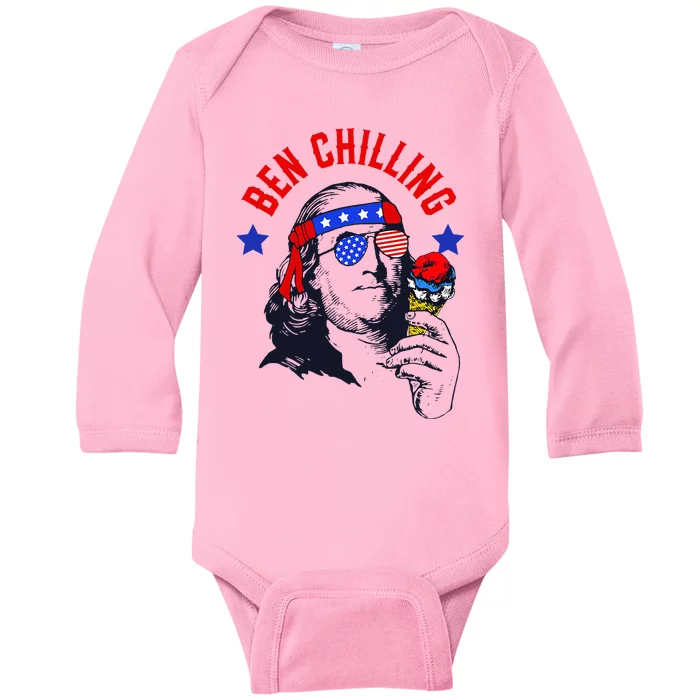 Ben Chilling 4th of July Ben Franklin Ice Cream Meme US Flag Baby Long Sleeve Bodysuit