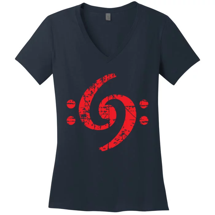 Bass Clef 69 Vintage Red Bassist Bass Player Women's V-Neck T-Shirt