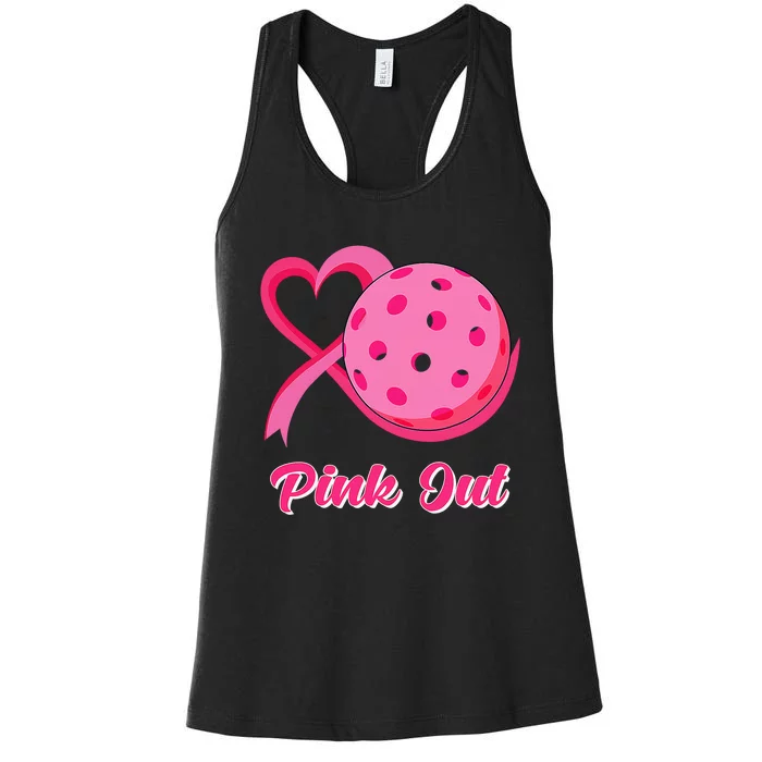 Breast Cancer Awareness Heart Ribbon Pickleball Pink Out Women's Racerback Tank