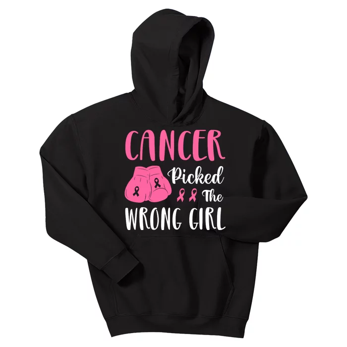 Breast Cancer Awareness Pink Boxing Gloves Cancer Picked The Wrong Girl Kids Hoodie