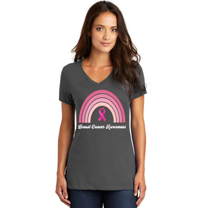 Breast Cancer Awareness Pink Rainbow Ribbon Women's V-Neck T-Shirt