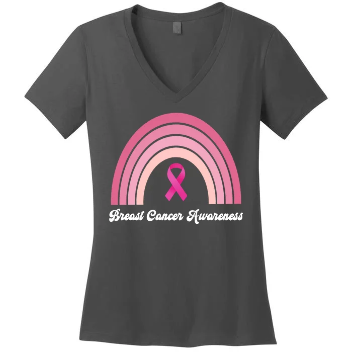 Breast Cancer Awareness Pink Rainbow Ribbon Women's V-Neck T-Shirt