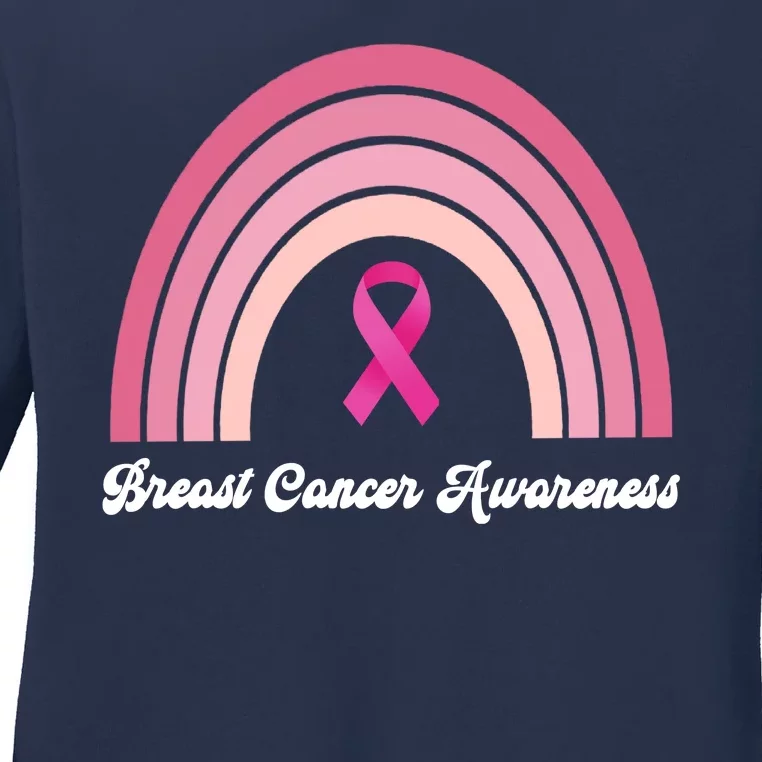 Breast Cancer Awareness Pink Rainbow Ribbon Ladies Long Sleeve Shirt