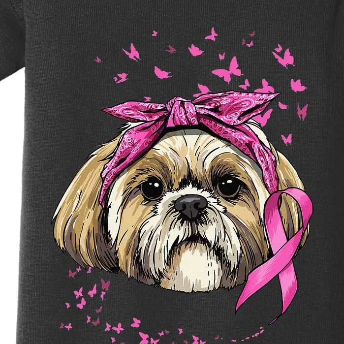 Breast Cancer Awareness Shih Tzu Dog Pink Ribbon Survivor Baby Bodysuit