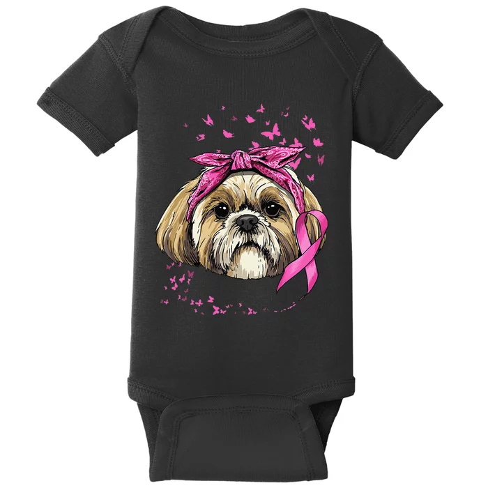 Breast Cancer Awareness Shih Tzu Dog Pink Ribbon Survivor Baby Bodysuit