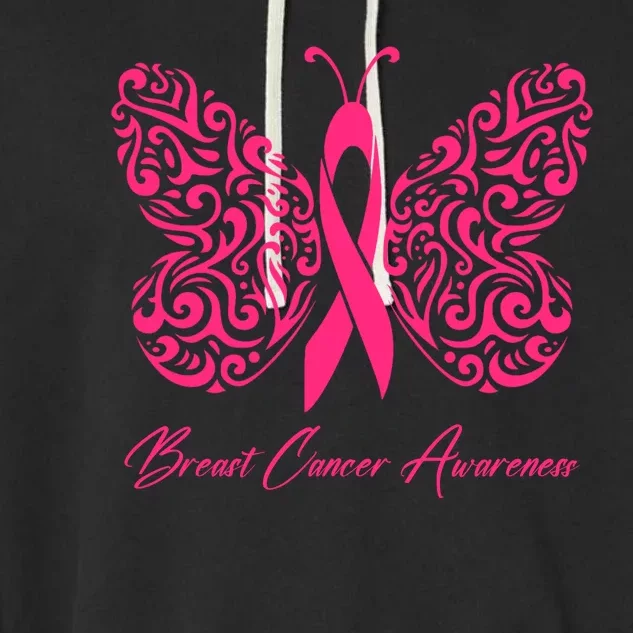 Breast Cancer Awareness Pink Butterfly Ribbon Garment-Dyed Fleece Hoodie