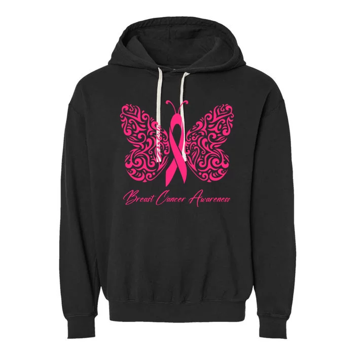 Breast Cancer Awareness Pink Butterfly Ribbon Garment-Dyed Fleece Hoodie