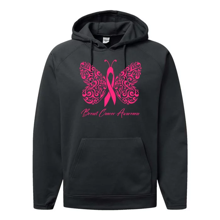 Breast Cancer Awareness Pink Butterfly Ribbon Performance Fleece Hoodie