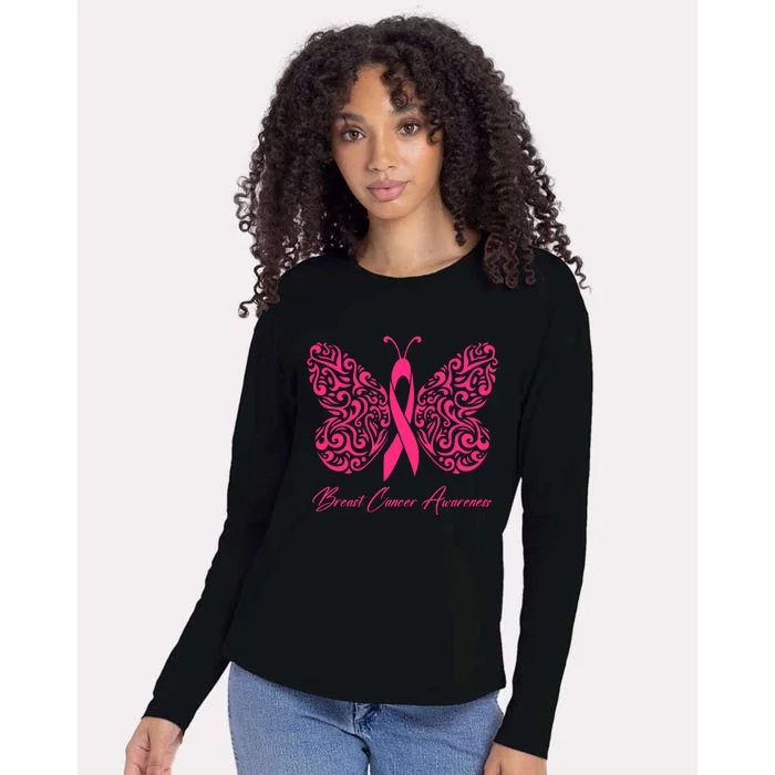 Breast Cancer Awareness Pink Butterfly Ribbon Womens Cotton Relaxed Long Sleeve T-Shirt