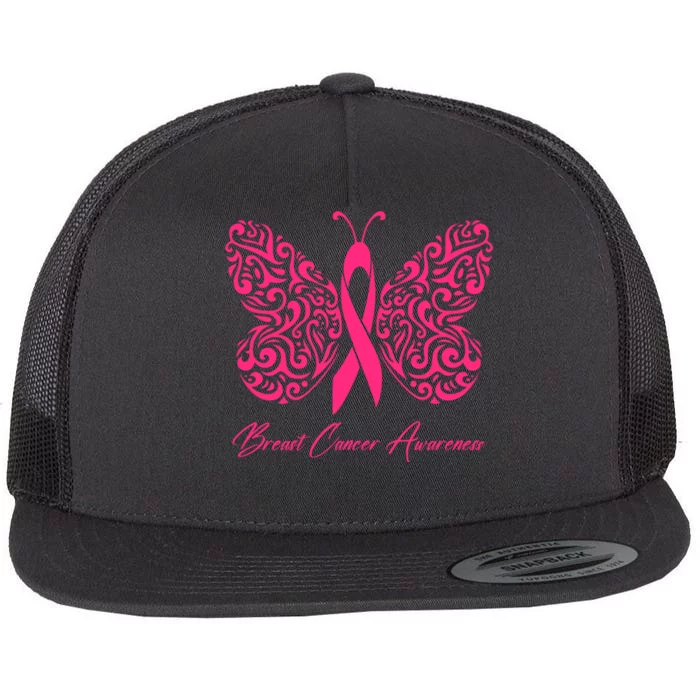 Breast Cancer Awareness Pink Butterfly Ribbon Flat Bill Trucker Hat