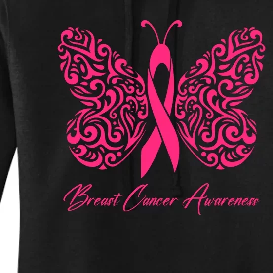 Breast Cancer Awareness Pink Butterfly Ribbon Women's Pullover Hoodie