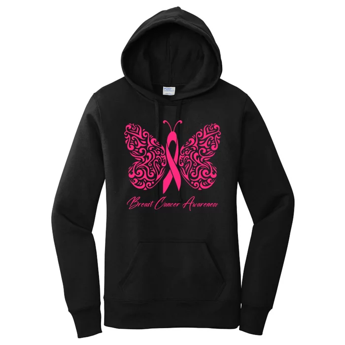 Breast Cancer Awareness Pink Butterfly Ribbon Women's Pullover Hoodie