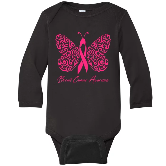 Breast Cancer Awareness Pink Butterfly Ribbon Baby Long Sleeve Bodysuit