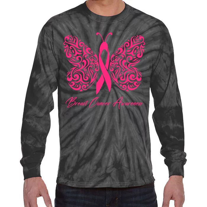 Breast Cancer Awareness Pink Butterfly Ribbon Tie-Dye Long Sleeve Shirt