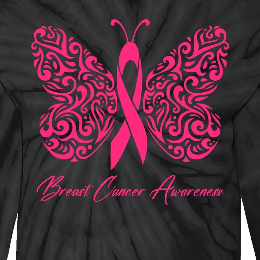 Breast Cancer Awareness Pink Butterfly Ribbon Tie-Dye Long Sleeve Shirt