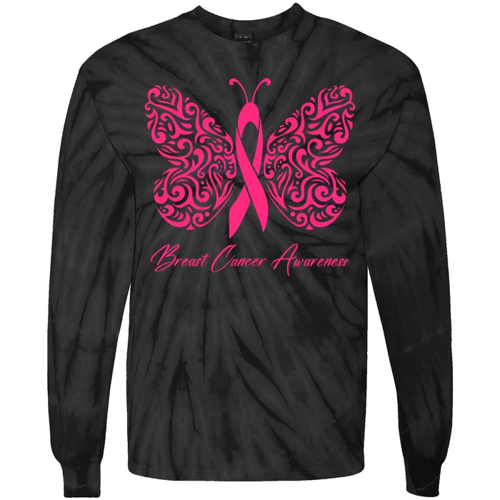 Breast Cancer Awareness Pink Butterfly Ribbon Tie-Dye Long Sleeve Shirt