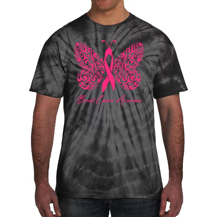 Breast Cancer Awareness Pink Butterfly Ribbon Tie-Dye T-Shirt