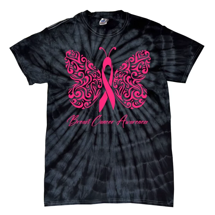 Breast Cancer Awareness Pink Butterfly Ribbon Tie-Dye T-Shirt