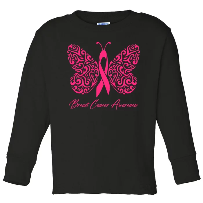 Breast Cancer Awareness Pink Butterfly Ribbon Toddler Long Sleeve Shirt