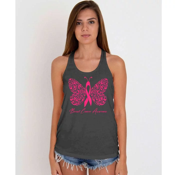 Breast Cancer Awareness Pink Butterfly Ribbon Women's Knotted Racerback Tank