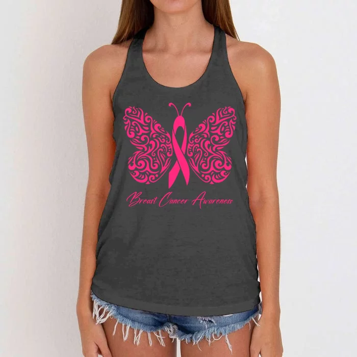 Breast Cancer Awareness Pink Butterfly Ribbon Women's Knotted Racerback Tank