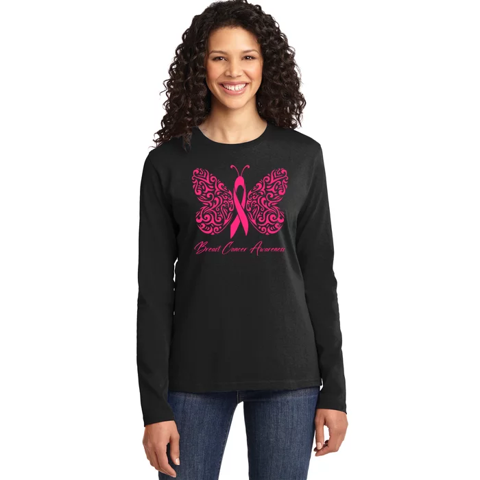 Breast Cancer Awareness Pink Butterfly Ribbon Ladies Long Sleeve Shirt