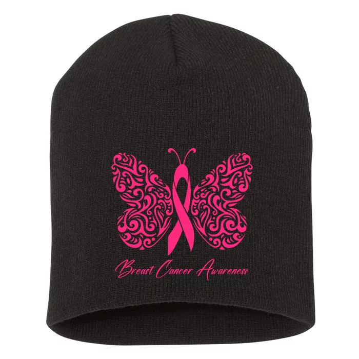 Breast Cancer Awareness Pink Butterfly Ribbon Short Acrylic Beanie