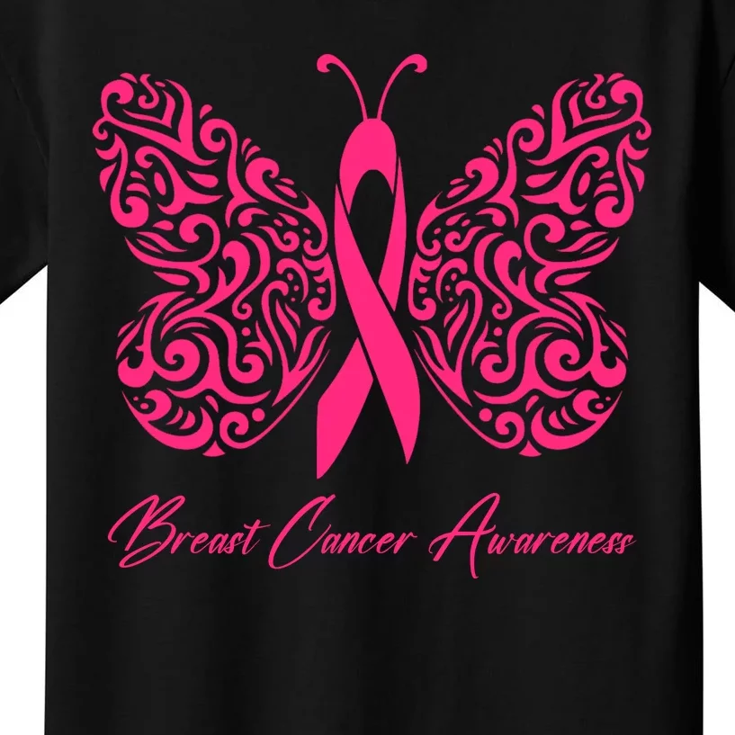 Breast Cancer Awareness Pink Butterfly Ribbon Kids T-Shirt