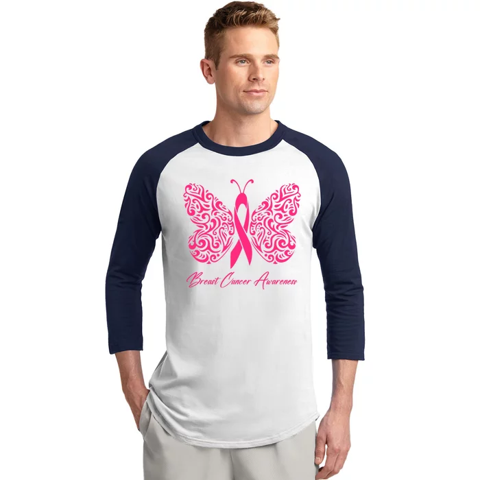 Breast Cancer Awareness Pink Butterfly Ribbon Baseball Sleeve Shirt